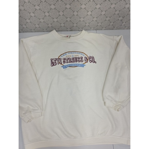 Vintage Levi Strauss & Co Crewneck Sweatshirt Embroidered Logo White Medium 90s - Picture 1 of 10